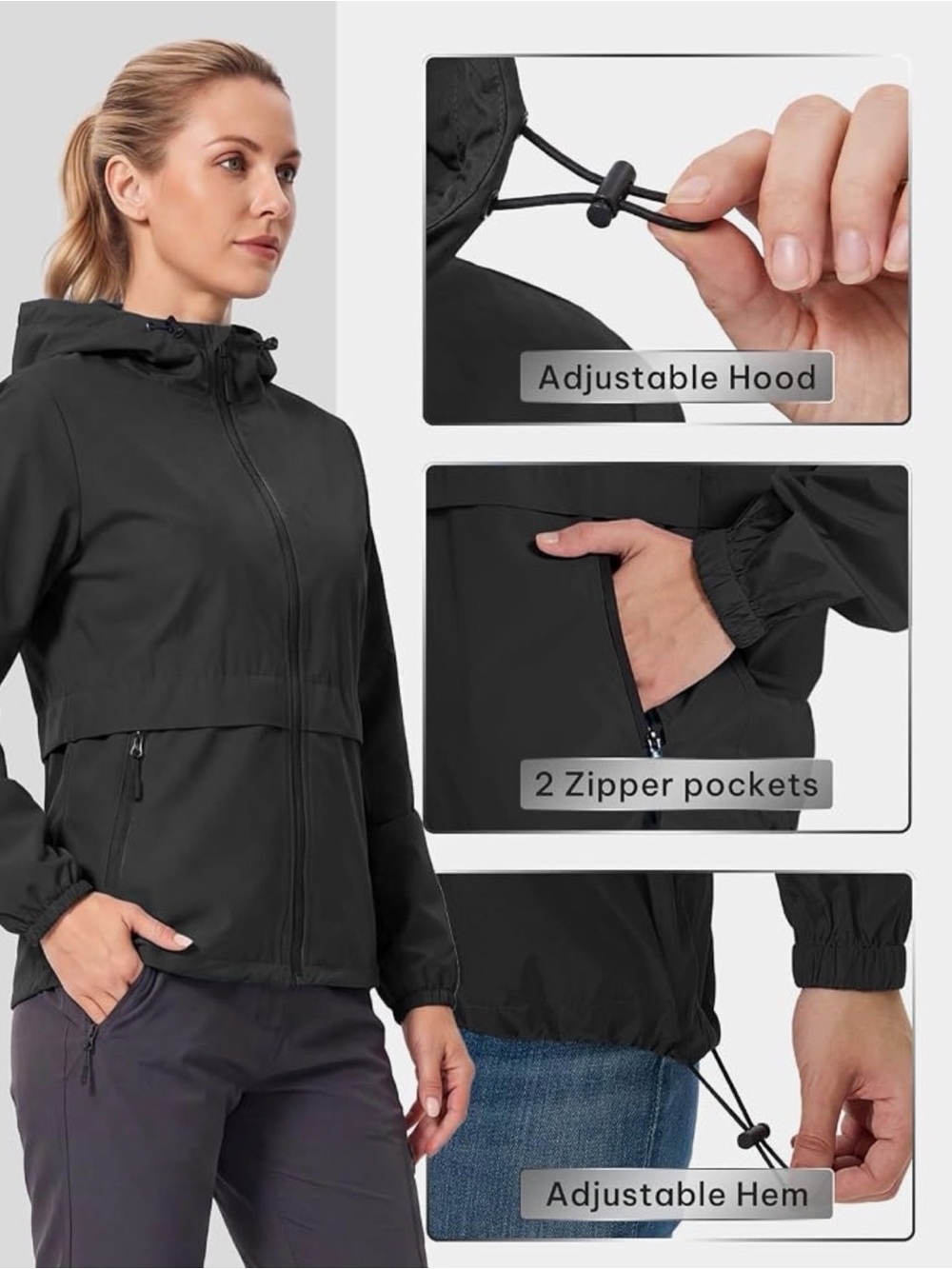 Women's Black Lightweight Windbreaker Jacket with Adjustable Hood